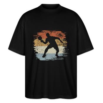 Tischtennis Spieler - Aufschlag - Topspin - Stanley/Stella Oversized Unisex Bio T-Shirt Blaster 2.0 - Schwarz - Vorne - Alina (178cm) & Michal (187cm)