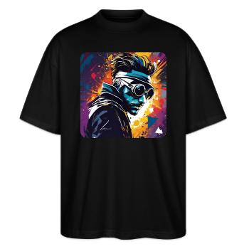 Cooler Steampunk Mann mit Brille - Stanley/Stella Oversized Unisex Bio T-Shirt Blaster 2.0 - Schwarz - Vorne - Alina (178cm) & Michal (187cm)