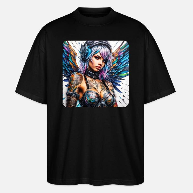 Cooler Cyberpunk Engel mit Kopfhörer - Stanley/Stella Oversized Unisex Bio T-Shirt Blaster 2.0 - Schwarz