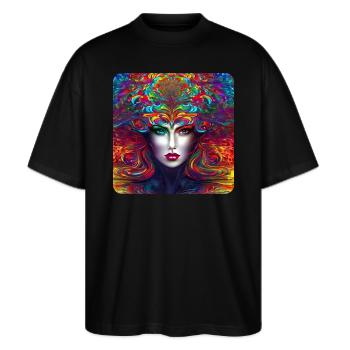 Cooles buntes Psychedelisches Motiv Frau - Stanley/Stella Oversized Unisex Bio T-Shirt Blaster 2.0 - Schwarz - Vorne - Alina (178cm) & Michal (187cm)