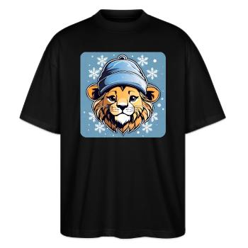 Lion mignon avec chapeau d’hiver et flocons de neige - T-shirt bio Blaster 2.0 coupe oversize Stanley/Stella Unisexe - noir - Devant - Alina (178cm) & Michal (187cm)