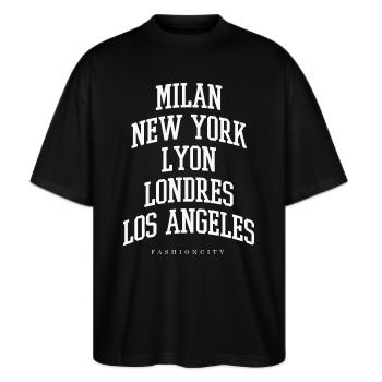 LYON MILAN NEW YORK LONDRES LOS ANGELES 2024 - T-shirt bio Blaster 2.0 coupe oversize Stanley/Stella Unisexe - noir - Devant - Alina (178cm) & Michal (187cm)