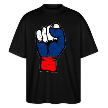 Poing de drapeau de la Russie utilisé - T-shirt bio Blaster 2.0 coupe oversize Stanley/Stella Unisexe - noir - Devant - Alina (178cm) & Michal (187cm)