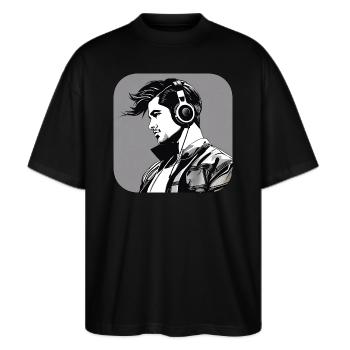 Cooler Typ mit Kopfhörer I - Stanley/Stella Oversized Unisex Bio T-Shirt Blaster 2.0 - Schwarz - Vorne - Alina (178cm) & Michal (187cm)