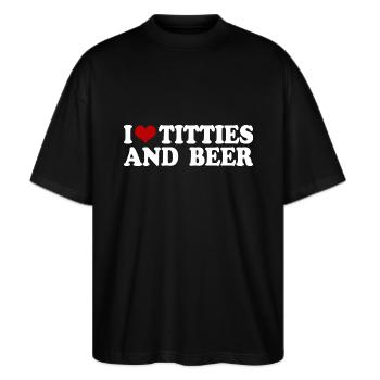 i love titties and beer - Stanley/Stella Oversized Unisex Bio T-Shirt Blaster 2.0 - Schwarz - Vorne - Alina (178cm) & Michal (187cm)
