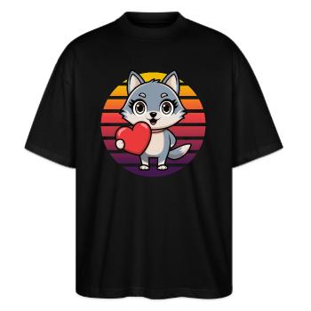 Fuchs mit Herz - Retro Vintage Sunset - Stanley/Stella Oversized Unisex Bio T-Shirt Blaster 2.0 - Schwarz - Vorne - Alina (178cm) & Michal (187cm)