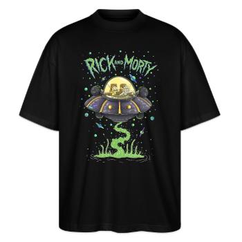 Rick And Morty Fliegen Im Raumschiff - Stanley/Stella Oversized Unisex Bio T-Shirt Blaster 2.0 - Schwarz - Vorne - Alina (178cm) & Michal (187cm)