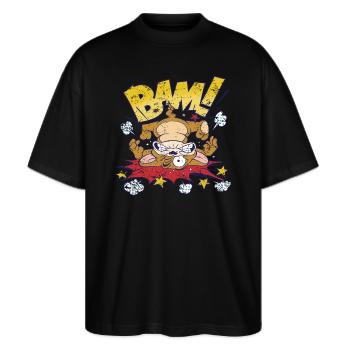 Tom Und Jerry Bam! Auf Den Kopf Gefallen - Stanley/Stella Oversized Unisex Bio T-Shirt Blaster 2.0 - Schwarz - Vorne - Alina (178cm) & Michal (187cm)