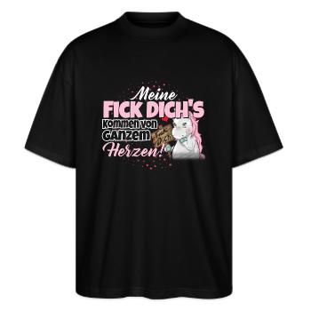 Einhorn - Fick Dich - Stanley/Stella Oversized Unisex Bio T-Shirt Blaster 2.0 - Schwarz - Vorne - Alina (178cm) & Michal (187cm)