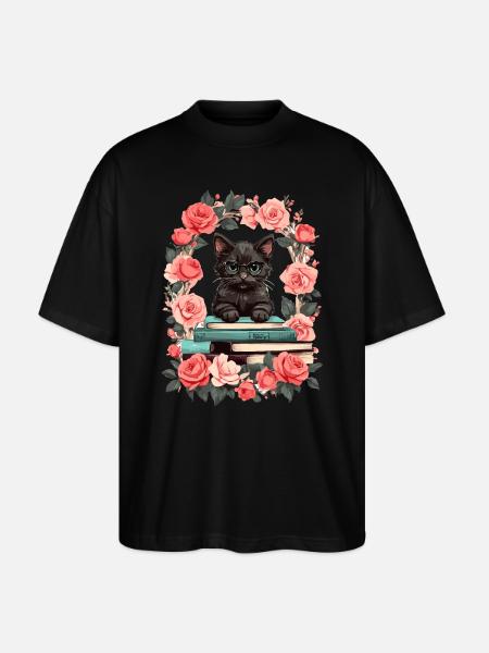 Black cat with reading glasses - Stanley/Stella Oversized Unisex Organic T-shirt Blaster 2.0 - black