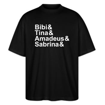 Bibi&Tina&Amadeus&Sabrina&DEIN NAME weiß - Stanley/Stella Oversized Unisex Bio T-Shirt Blaster 2.0 - Schwarz - Vorne - Alina (178cm) & Michal (187cm)