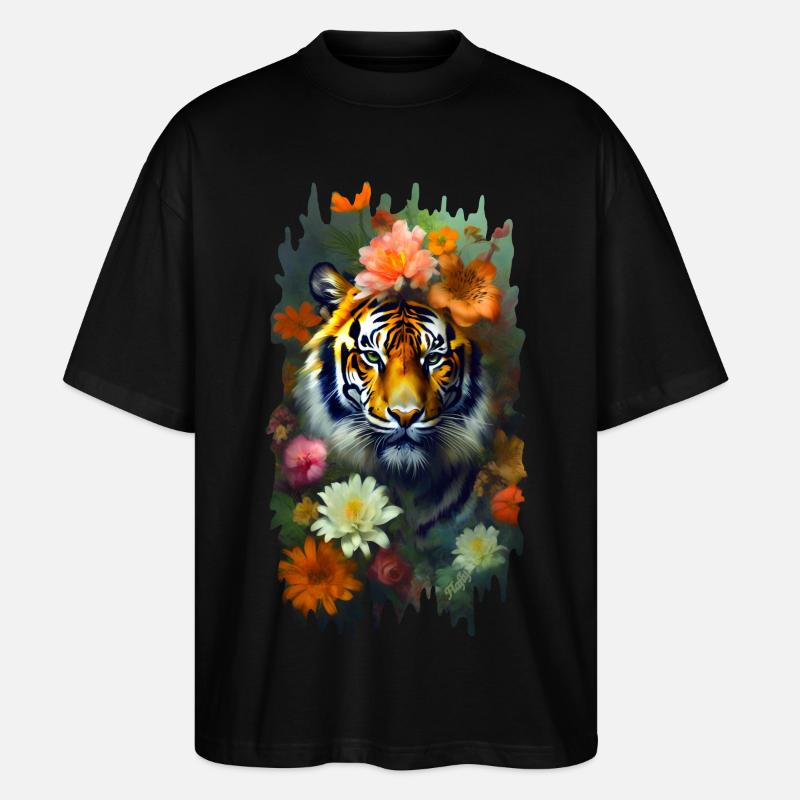 Tiger zwischen den Blumen 🌸💛 - Stanley/Stella Oversized Unisex Bio T-Shirt Blaster 2.0 - Schwarz
