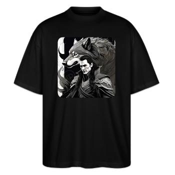 Loki mit Fenris Wolf Asgard Ragnarok - Stanley/Stella Oversized Unisex Bio T-Shirt Blaster 2.0 - Schwarz - Vorne - Alina (178cm) & Michal (187cm)
