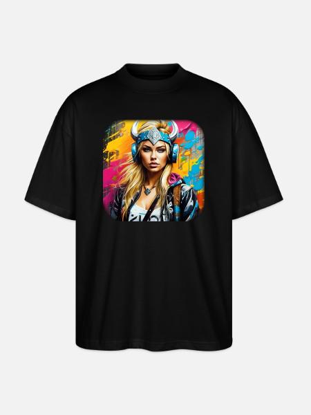Moderne Wikingerin mit Kopfhörer - Stanley/Stella Oversized Unisex Bio T-Shirt Blaster 2.0 - Schwarz