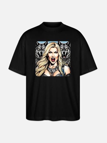 Viking Shield Maiden with Wolves - Stanley/Stella Oversized Unisex Organic T-shirt Blaster 2.0 - black