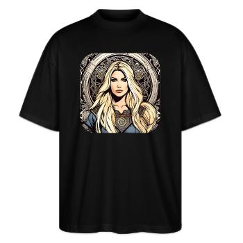 Stolze Wikingerin Germanin Schildmaid - Stanley/Stella Oversized Unisex Bio T-Shirt Blaster 2.0 - Schwarz - Vorne - Alina (178cm) & Michal (187cm)