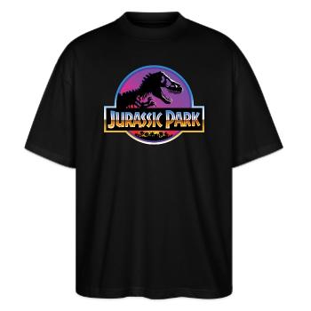 Jurassic Park Logo Lila Blau - Stanley/Stella Oversized Unisex Bio T-Shirt Blaster 2.0 - Schwarz - Vorne - Alina (178cm) & Michal (187cm)