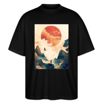 Japon - Soleil - Montagnes - Oiseau - Homme - Peinture - T-shirt bio Blaster 2.0 coupe oversize Stanley/Stella Unisexe - noir - Devant - Alina (178cm) & Michal (187cm)