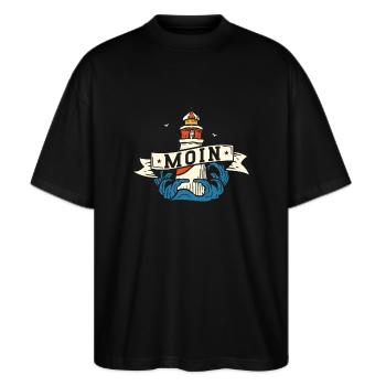 Moin ihr Spacken - Digga Spruch Meer Norddeutsch - Stanley/Stella Oversized Unisex Bio T-Shirt Blaster 2.0 - Schwarz - Vorne - Alina (178cm) & Michal (187cm)