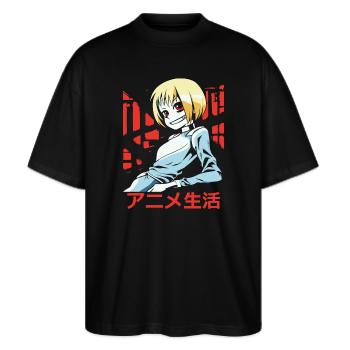 Entspanntes Anime-Mädchen aus Japan - Stanley/Stella Oversized Unisex Bio T-Shirt Blaster 2.0 - Schwarz - Vorne - Alina (178cm) & Michal (187cm)