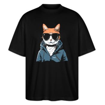 Super cool hoodie and cat sunglasses - Stanley/Stella Oversized Unisex Organic T-shirt Blaster 2.0 - black - Front - Alina (178cm) & Michal (187cm)