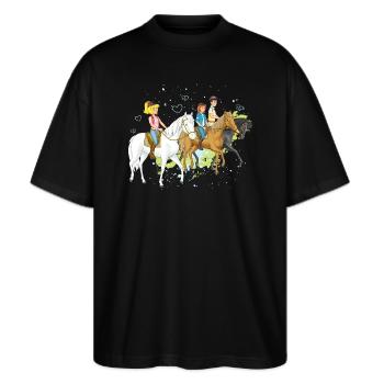 Bibi und Tina 'Freunde reiten aus' - Stanley/Stella Oversized Unisex Bio T-Shirt Blaster 2.0 - Schwarz - Vorne - Alina (178cm) & Michal (187cm)