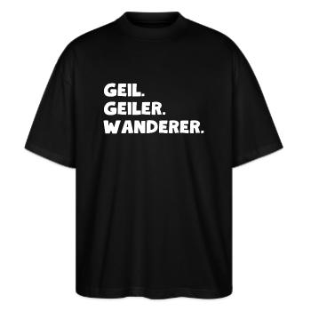 Geil. Geiler. Wanderer - Stanley/Stella Oversized Unisex Bio T-Shirt Blaster 2.0 - Schwarz - Vorne - Alina (178cm) & Michal (187cm)