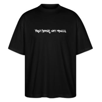 Print Books, not Money - Stanley/Stella Oversized Unisex Bio T-Shirt Blaster 2.0 - Schwarz - Vorne - Alina (178cm) & Michal (187cm)