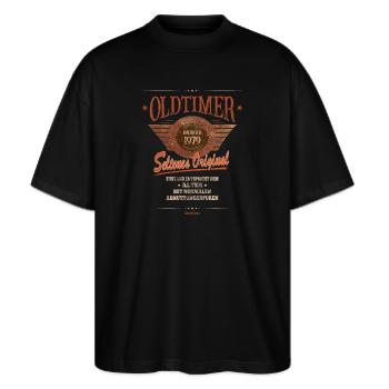 Zustand entspricht Alter, Baujahr 1979 - Stanley/Stella Oversized Unisex Bio T-Shirt Blaster 2.0 - Schwarz - Vorne - Alina (178cm) & Michal (187cm)