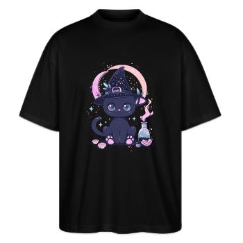 Chat Kawaii Sorcière Pastel Goth Halloween - T-shirt bio Blaster 2.0 coupe oversize Stanley/Stella Unisexe - noir - Devant - Alina (178cm) & Michal (187cm)