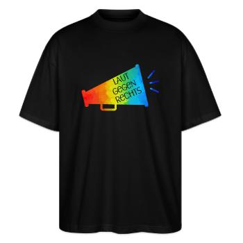 Laut gegen rechts Nr 01 - Stanley/Stella Oversized Unisex Bio T-Shirt Blaster 2.0 - Schwarz - Vorne - Alina (178cm) & Michal (187cm)