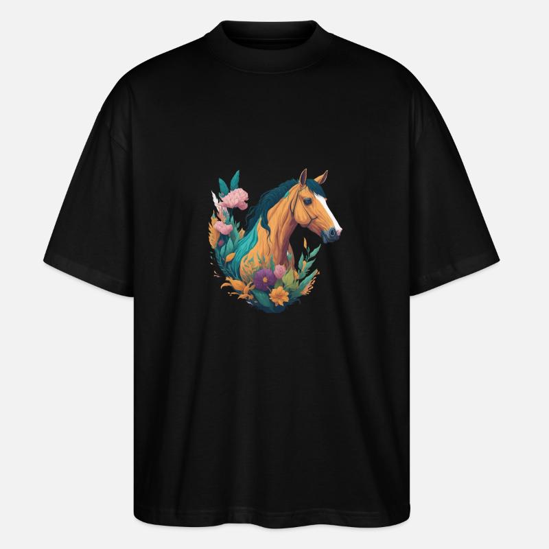 Pferd Blumen - Stanley/Stella Oversized Unisex Bio T-Shirt Blaster 2.0 - Schwarz