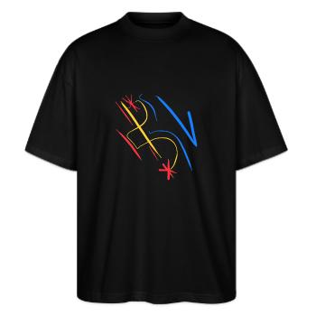 Blau gelb rotes Farbengemisch - Stanley/Stella Oversized Unisex Bio T-Shirt Blaster 2.0 - Schwarz - Vorne - Alina (178cm) & Michal (187cm)