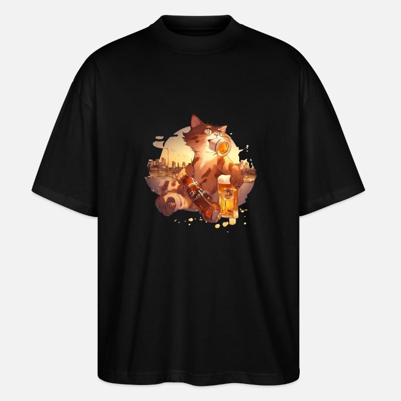 Paws & Pints: Katze mit Bier-Tee - Stanley/Stella Oversized Unisex Bio T-Shirt Blaster 2.0 - Schwarz