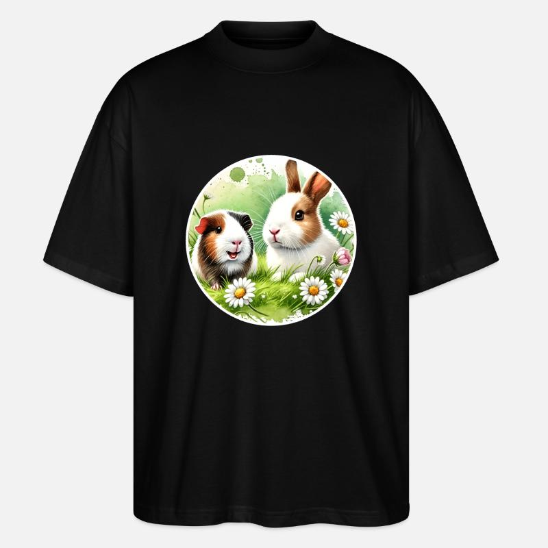 Cochons d’Inde et lapins dans la prairie fleurie - T-shirt bio Blaster 2.0 coupe oversize Stanley/Stella Unisexe - noir