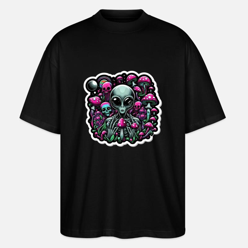 Psychedelic Alien with Mushrooms - Stanley/Stella Oversized Unisex Organic T-shirt Blaster 2.0 - black