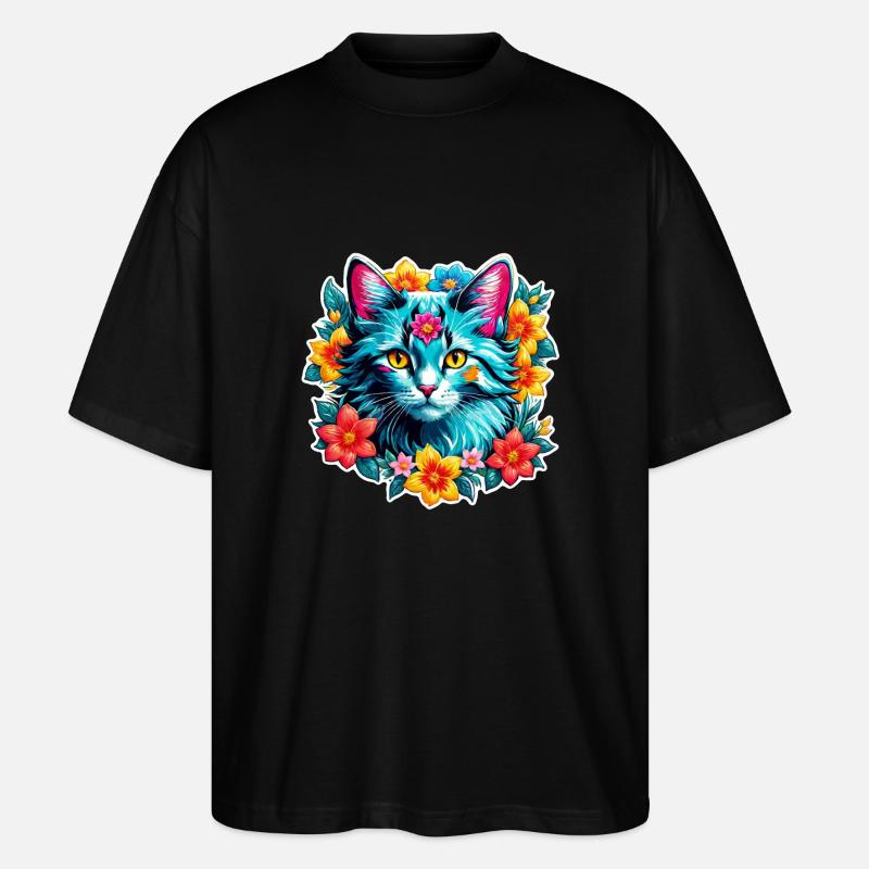 chat et fleur aquarelle - T-shirt bio Blaster 2.0 coupe oversize Stanley/Stella Unisexe - noir