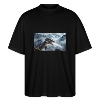 Ein realistischer böser dunkler Drache beim Erklimmen eines Nebels - Stanley/Stella Oversized Unisex Bio T-Shirt Blaster 2.0 - Schwarz - Vorne - Alina (178cm) & Michal (187cm)