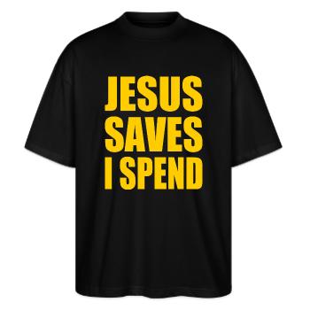 jesus saves i spend - T-shirt bio Blaster 2.0 coupe oversize Stanley/Stella Unisexe - noir - Devant - Alina (178cm) & Michal (187cm)