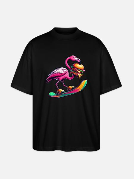 Flamingo Snowboarder with Burger - Stanley/Stella Oversized Unisex Organic T-shirt Blaster 2.0 - black