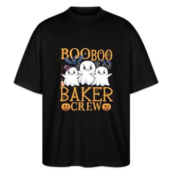 Bäcker uu Lustiger Bäcker - Stanley/Stella Oversized Unisex Bio T-Shirt Blaster 2.0 - Schwarz - Vorne - Alina (178cm) & Michal (187cm)