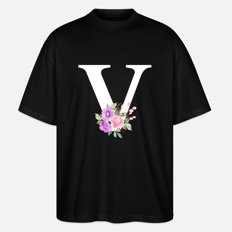 Lettre v floral violet - T-shirt bio Blaster 2.0 coupe oversize Stanley/Stella Unisexe - noir