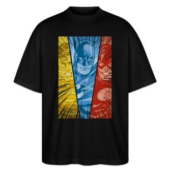 DC Comics Justice League Superman Batman Flash - Stanley/Stella Oversized Unisex Bio T-Shirt Blaster 2.0 - Schwarz - Vorne - Alina (178cm) & Michal (187cm)