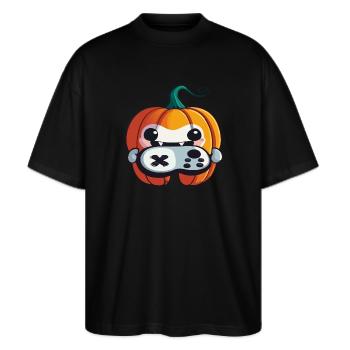 Halloween kleiner gaming Kürbisgeist - Stanley/Stella Oversized Unisex Bio T-Shirt Blaster 2.0 - Schwarz - Vorne - Alina (178cm) & Michal (187cm)