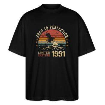 Jahrgang 1991 Limitierte Auflage 1991 Retro 1991 - Stanley/Stella Oversized Unisex Bio T-Shirt Blaster 2.0 - Schwarz - Vorne - Alina (178cm) & Michal (187cm)