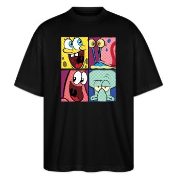 SpongeBob Schwammkopf Patrick Gary Thaddäus - Stanley/Stella Oversized Unisex Bio T-Shirt Blaster 2.0 - Schwarz - Vorne - Alina (178cm) & Michal (187cm)