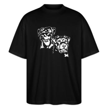 Deutscher Jagdterrier Jagdhunde Portrait Wilsigns - Stanley/Stella Oversized Unisex Bio T-Shirt Blaster 2.0 - Schwarz - Vorne - Alina (178cm) & Michal (187cm)