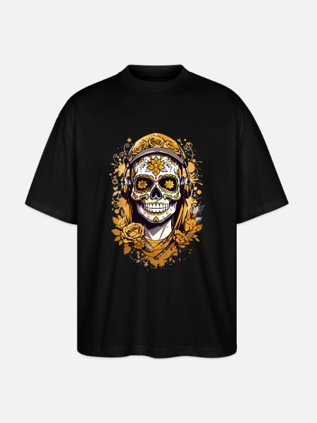 Golden Sugar Skull - Stanley/Stella Oversized Unisex Organic T-shirt Blaster 2.0 - black