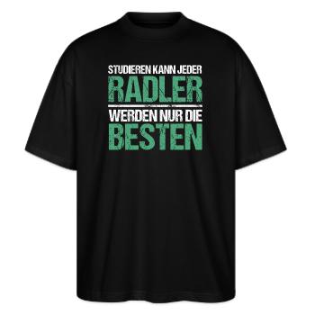 Studieren kann jeder - Radler Edition - Stanley/Stella Oversized Unisex Bio T-Shirt Blaster 2.0 - Schwarz - Vorne - Alina (178cm) & Michal (187cm)