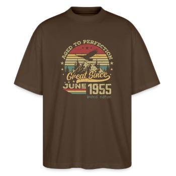 69 years old Aged to Perfection born in June 1955 - Stanley/Stella Oversized Unisex Organic T-shirt Blaster 2.0 - mocha - Front - Alina (178cm) & Michal (187cm)